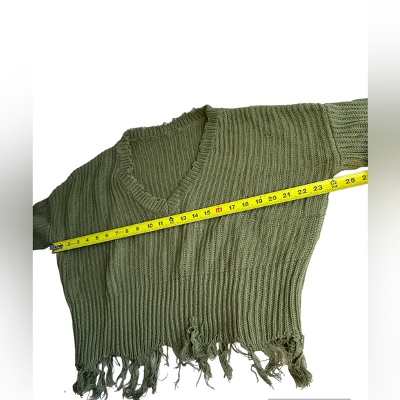 Women Raw Hem V-Neck Green Sweater Long Sleeve Ribbed Knit Pullover Jumper Top S - Picture 8 of 10